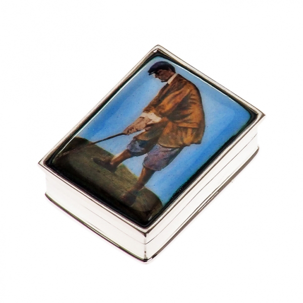 Pillendose in echt Sterling-Silber 925 rechteckig, Golfer emailliert