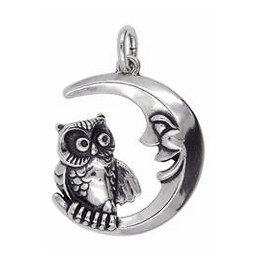 Anhänger Eule mit Mond in echt Sterling-Silber 925 oder Gold, Ketten- oder Schlüssel-Anhänger