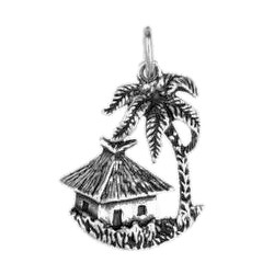 Anhänger Hütte mit Palme in echt Sterling-Silber 925 oder Gold, Charm, Ketten- oder Bettelarmband-Anhänger