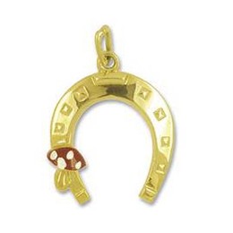 Anhänger Hufeisen mit Fliegenpilz, Charm in echt Gelbgold, Ketten- oder Bettelarmband-Anhänger
