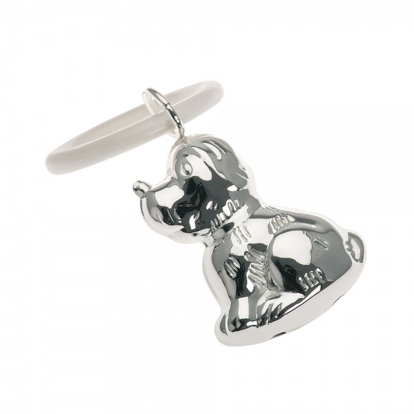 Babyrassel mit Beißring Hund hochwertig versilbert