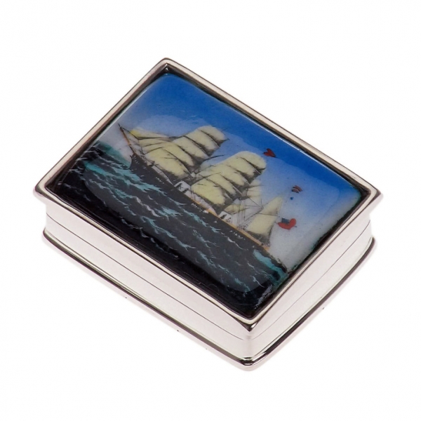 Pillendose in echt Sterling-Silber 925 rechteckig, Segelschiff emailliert