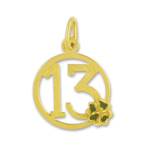 Anhänger Zahl "13" mit Kleeblatt in echt Gelbgold, Charm, Ketten- oder Bettelarmband-Anhänger