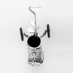 Zierfigur Golfwagen, Golftrolley, Miniatur-Caddy-Gadget mit Tasche und 3 Golfschlägern in echt Sterling-Silber 925, Standmodell