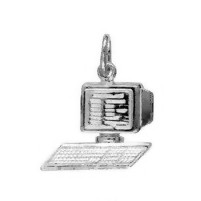 Anhänger Desktop Personal Computer in echt Sterling-Silber 925, Charm, Ketten- oder Bettelarmband-Anhänger