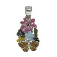 Anhänger Blumen, Schmetterling in echt Sterling-Silber 925 emailliert, Ketten- oder Schlüssel-Anhänger
