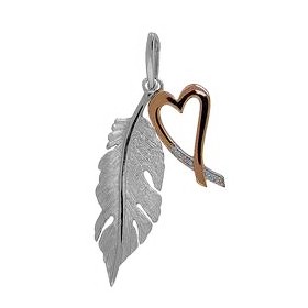 Anhänger Feder in echt Sterling-Silber 925 mit Herz rosé teilvergoldet und Zirkonia, Ketten- oder Schlüssel-Anhänger