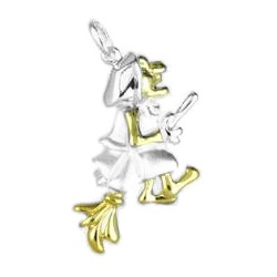 Anhänger Hexe auf Besen in echt Sterling-Silber 925 oder Gold bicolor, Ketten- oder Schlüssel-Anhänger