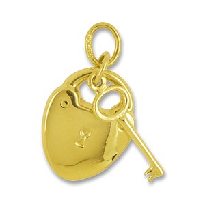 Anhänger Vorhängeschloss mit Schlüssel in echt Gelbgold, Charm, Ketten- oder Bettelarmband-Anhänger