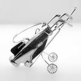 Zierfigur Golfwagen, Golftrolley, Miniatur-Caddy mit Tasche und 4 Golfschlägern in echt Sterling-Silber 925, Standmodell