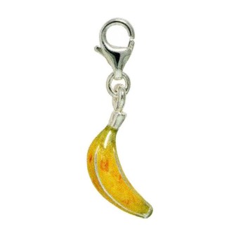 Anhänger Banane in echt Silber 925 emailliert, Charm mit Karabiner, hochwertiger Ketten- oder Bettelarmband-Ein-/Anhänger