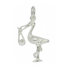 Anhänger Storch mit Baby in echt Sterling-Silber 925 weiß oder Gelbgold, Charm, Ketten- oder Schlüssel-Anhänger
