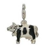 Anhänger Kuh in echt Sterling-Silber 925 schwarz-weiß emailliert, Charm mit Karabiner, hochwertiger Ketten- oder Bettelarmband-Ein-/Anhänger