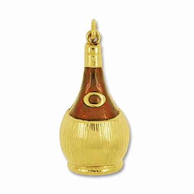 Anhänger Chianti-Flasche, Fiasco in echt Gelbgold 585 emailliert, Charm, Ketten- oder Bettelarmband-Anhänger