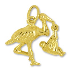 Anhänger Pfälzer Storch mit Baby in echt Sterling-Silber 925 oder Gelbgold, Charm, Ketten- oder Bettelarmband-Anhänger