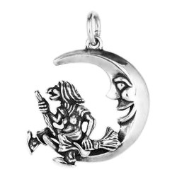Anhänger Hexe mit Mond in echt Sterling-Silber 925 oder Gold, Ketten- oder Schlüssel-Anhänger