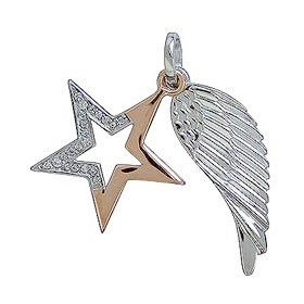 Anhänger Stern & Engelsflügel in echt Sterling-Silber 925 rosé teilvergoldet mit Zirkonia, Charm, Ketten- oder Bettelarmband-Anhänger