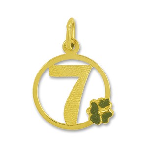 Anhänger Zahl "7" mit Kleeblatt in echt Gelbgold, Charm, Ketten- oder Bettelarmband-Anhänger