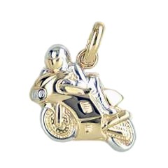 Anhänger Superbike, Motorrad mit Fahrer in echt Sterling-Silber 925 oder Gold bicolor, Charm, Ketten- oder Bettelarmband-Anhänger