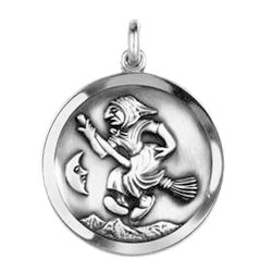 Anhänger Hexe mit Besen und Mond, Plakette in echt Sterling-Silber 925, Ketten- oder Schlüssel-Anhänger
