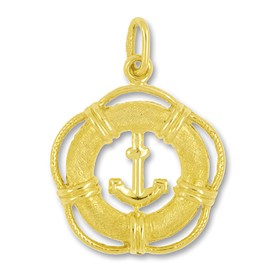 Anhänger Rettungsring mit Anker in echt Gold, Charm, Ketten- oder Bettelarmband-Anhänger