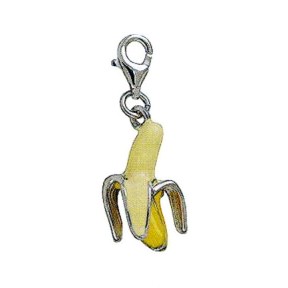 Anhänger Banane in echt Sterling-Silber 925 emailliert, Charm mit Karabiner, hochwertiger Ketten- oder Bettelarmband-Ein-/Anhänger